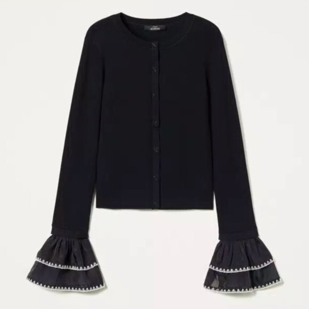 NWT Twinset Black Cardigan Sweater with Organza Sleeve Ruffles Frill Large